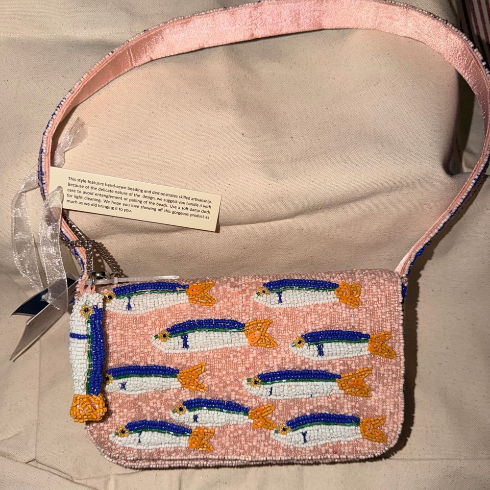 NWT Beaded Pink Sardine Fish Bag - Pink, Blue, White, Orange